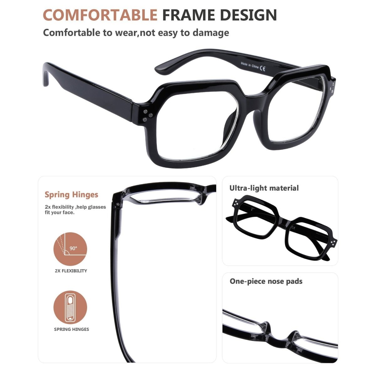 10 Pack Stylish Square Reading Glasses Spring Hinge Readers R2130eyekeeper.com