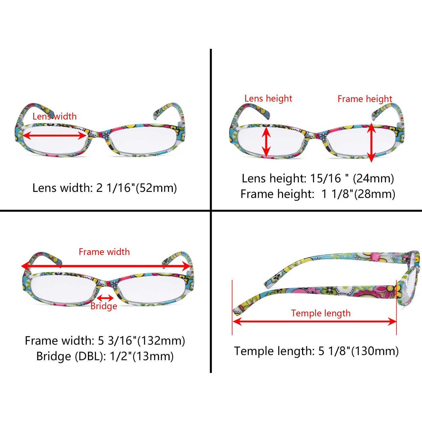 Paquete de 4 Gafas de lectura pequeñas con estampado floral divertido R9104F