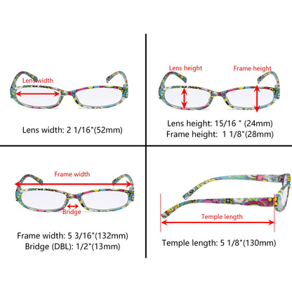 Paquete de 4 Gafas de lectura pequeñas con estampado floral divertido R9104F