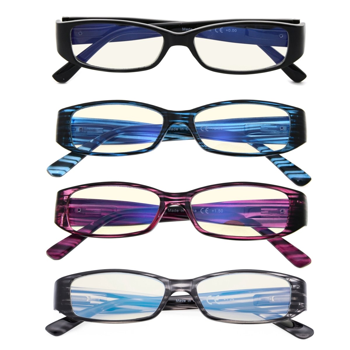 4 Pack Rectangle Blue Light Blocking Reading Glasses UVR081eyekeeper.com